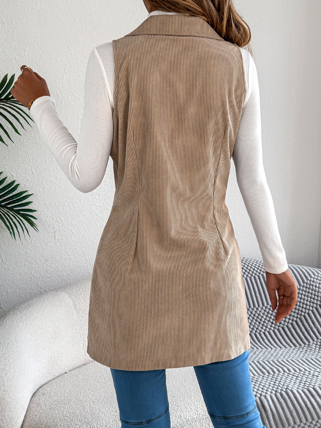 Fall Winter Solid Color Double Breasted Pocket Corduroy Long Vest Coat Women Clothing