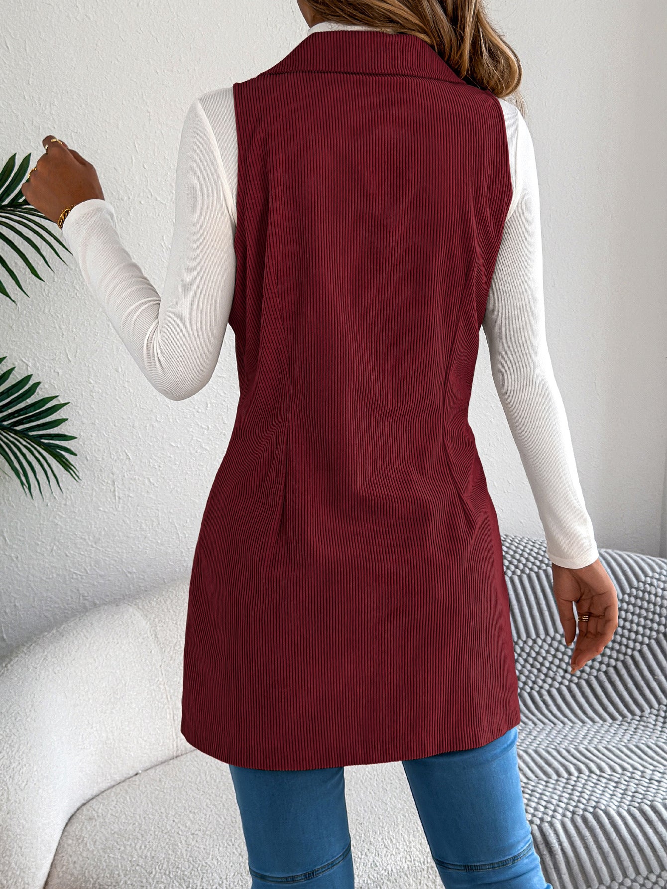 Fall Winter Solid Color Double Breasted Pocket Corduroy Long Vest Coat Women Clothing