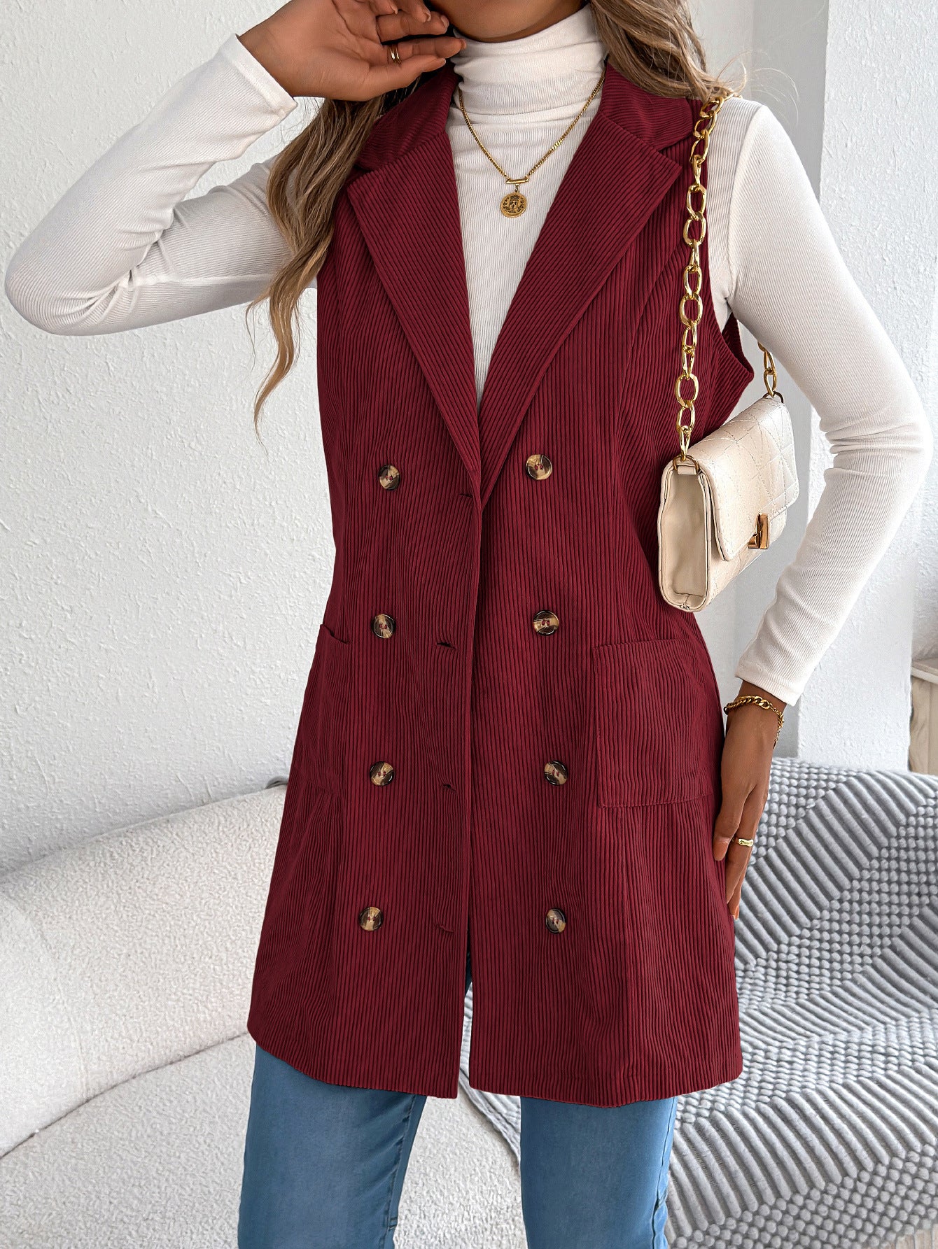 Fall Winter Solid Color Double Breasted Pocket Corduroy Long Vest Coat Women Clothing