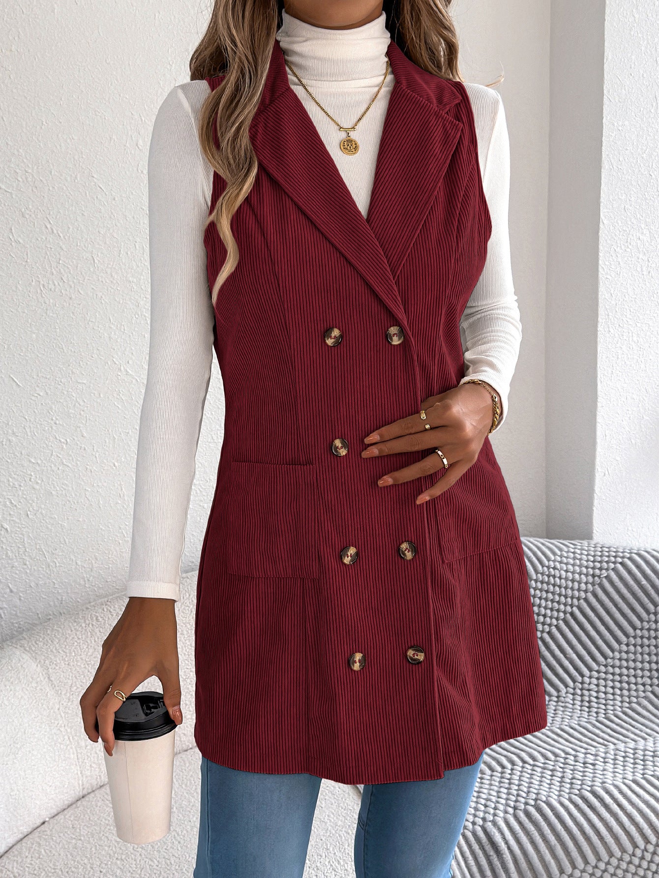 Fall Winter Solid Color Double Breasted Pocket Corduroy Long Vest Coat Women Clothing