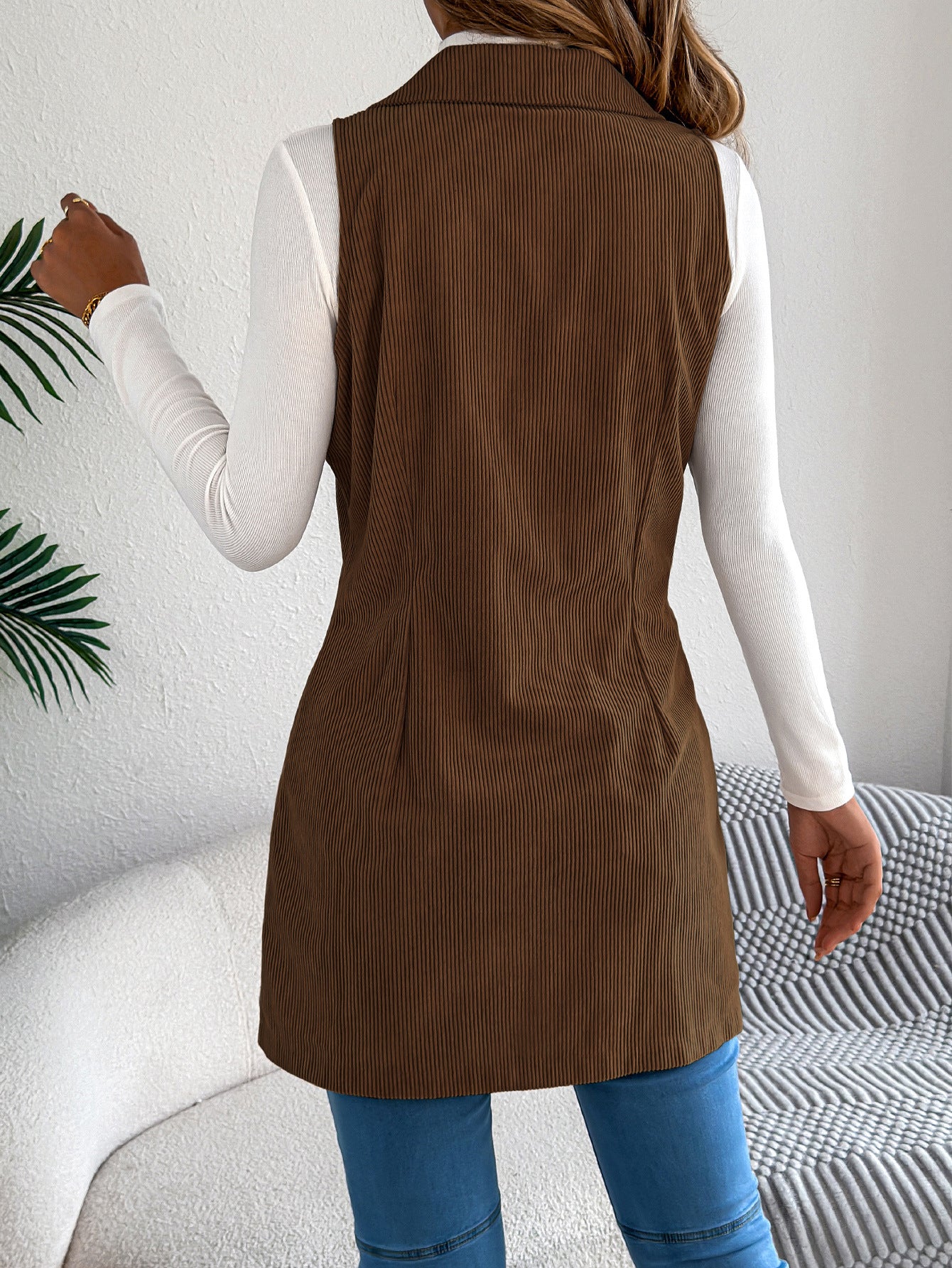 Fall Winter Solid Color Double Breasted Pocket Corduroy Long Vest Coat Women Clothing