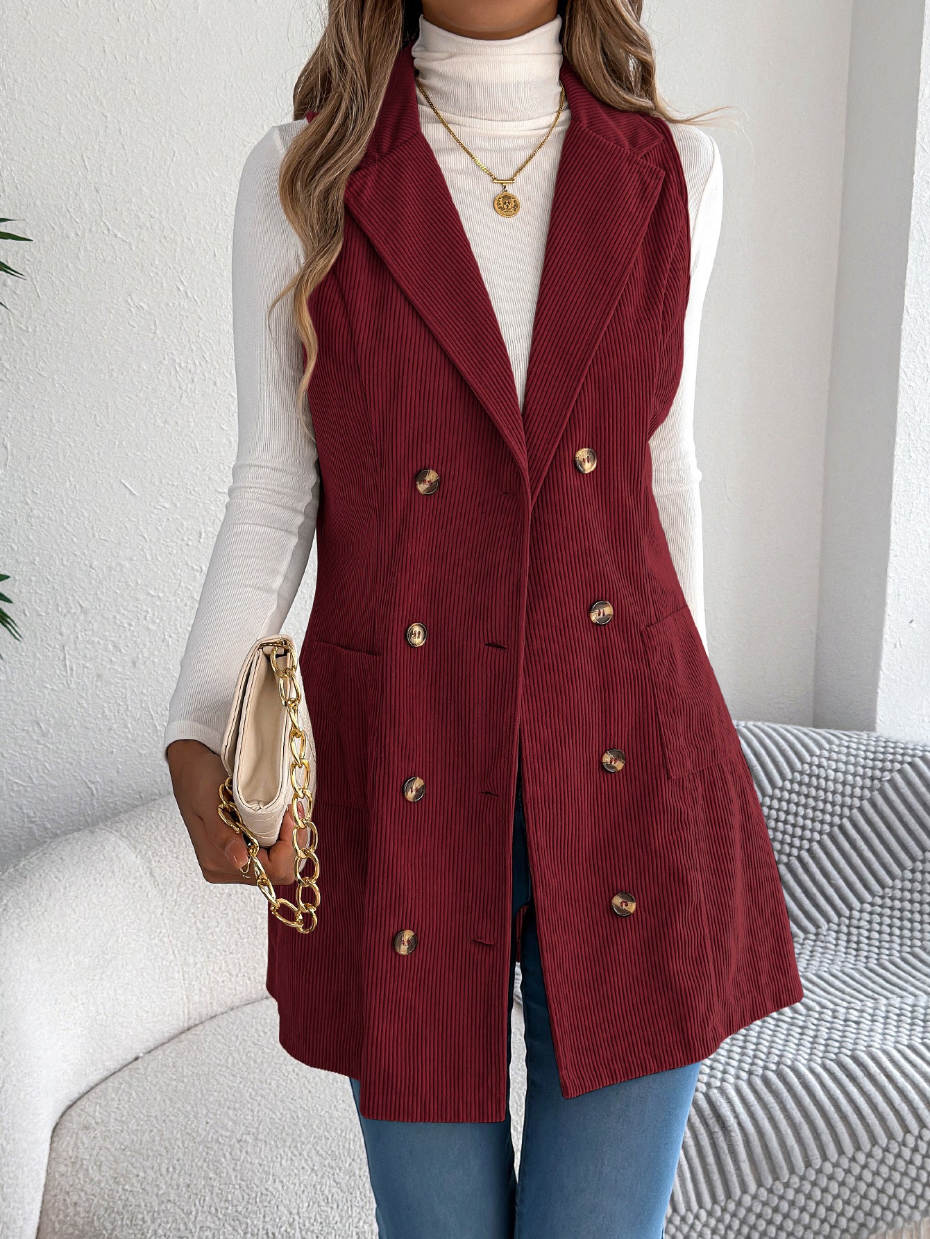 Fall Winter Solid Color Double Breasted Pocket Corduroy Long Vest Coat Women Clothing
