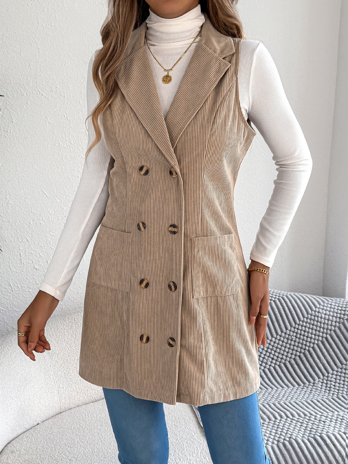 Fall Winter Solid Color Double Breasted Pocket Corduroy Long Vest Coat Women Clothing