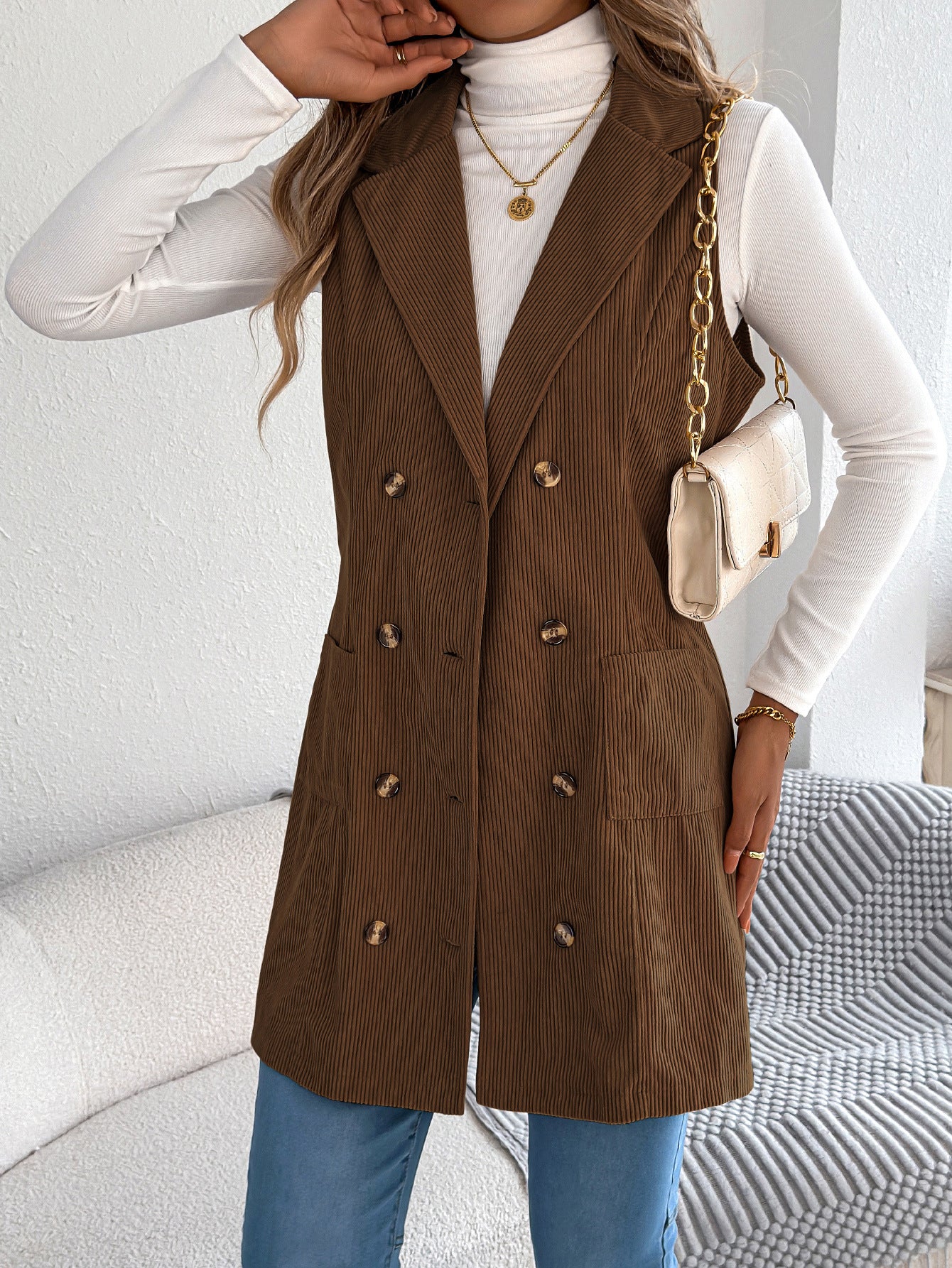 Fall Winter Solid Color Double Breasted Pocket Corduroy Long Vest Coat Women Clothing