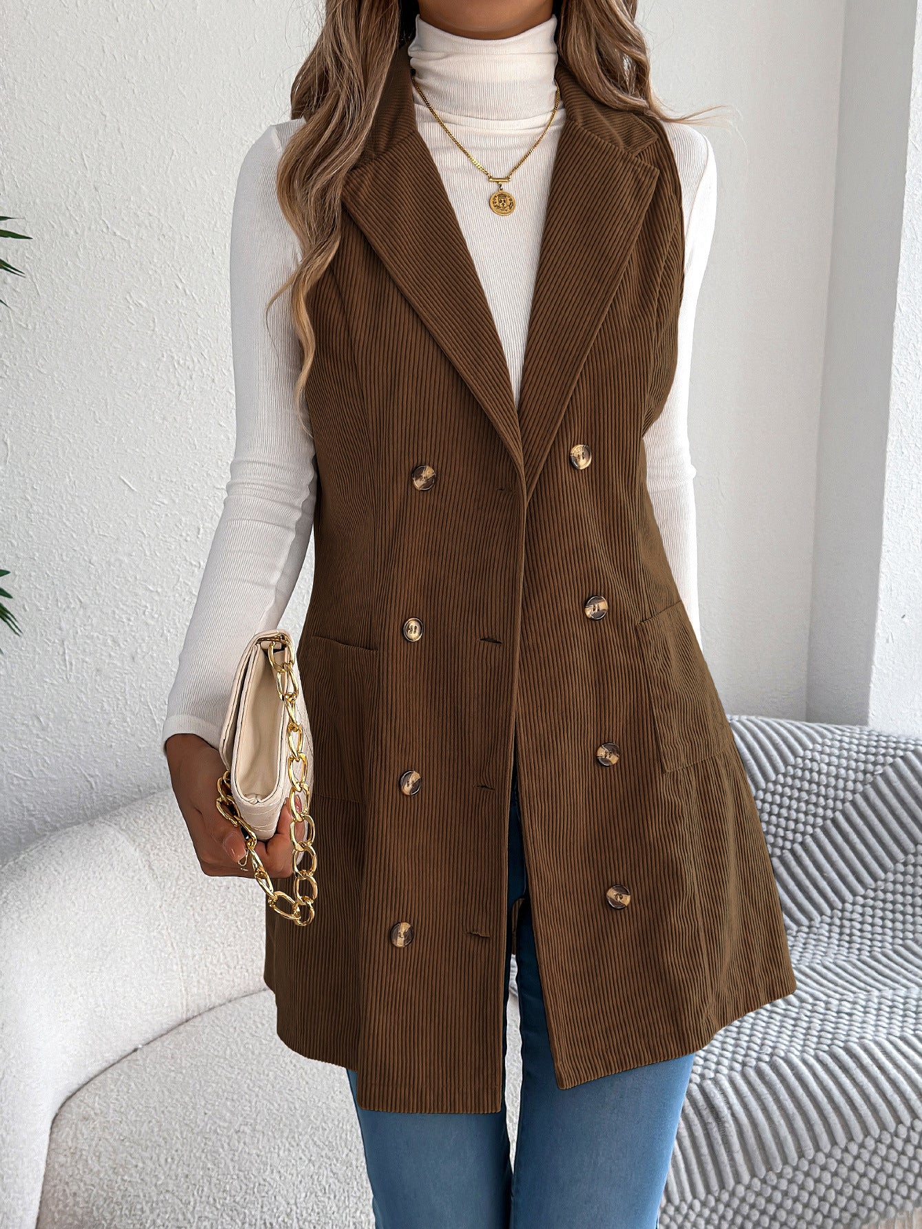 Fall Winter Solid Color Double Breasted Pocket Corduroy Long Vest Coat Women Clothing