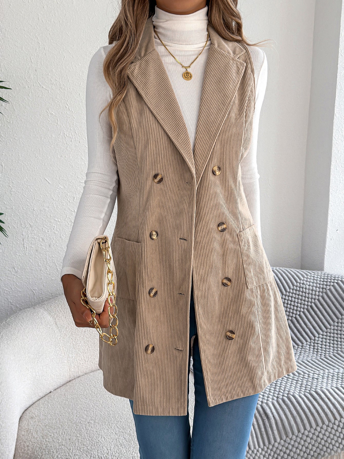 Fall Winter Solid Color Double Breasted Pocket Corduroy Long Vest Coat Women Clothing