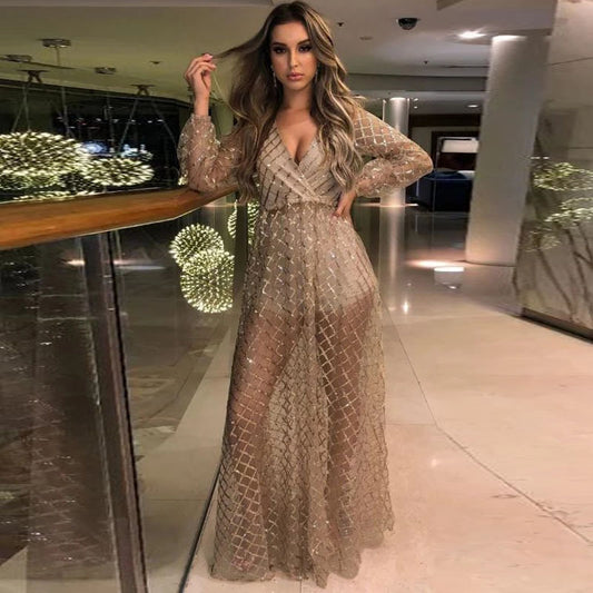 Divona V Neck Backless Bronzing Dress