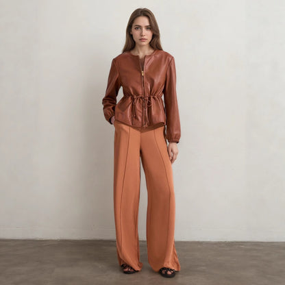 Fiorella Round Neck Leather Coat