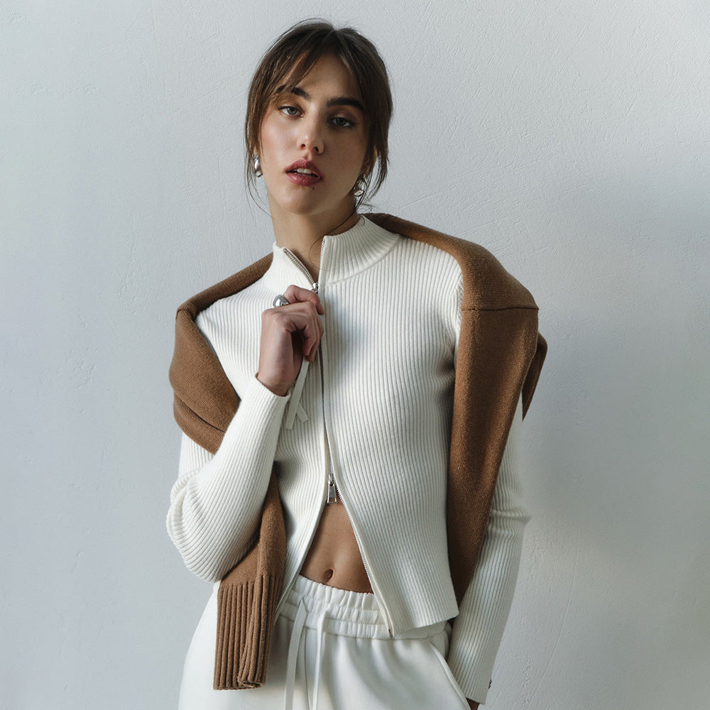 Arelis Stand up Collar Double Zipper Cardigan