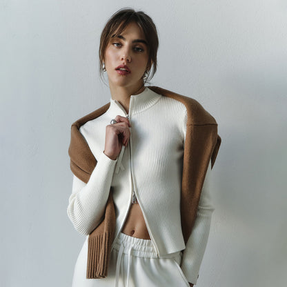 Arelis Stand up Collar Double Zipper Cardigan