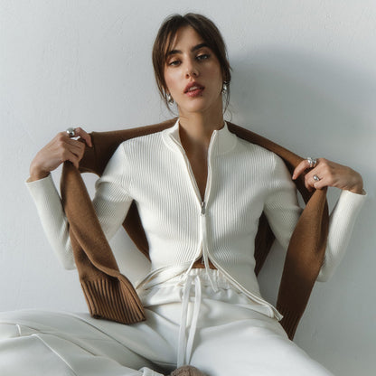 Arelis Stand up Collar Double Zipper Cardigan