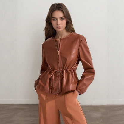 Fiorella Round Neck Leather Coat