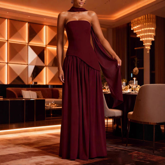 Noéva Tube Top Solid Color Split Dress Sexy Backless Halter Ribbon Dress